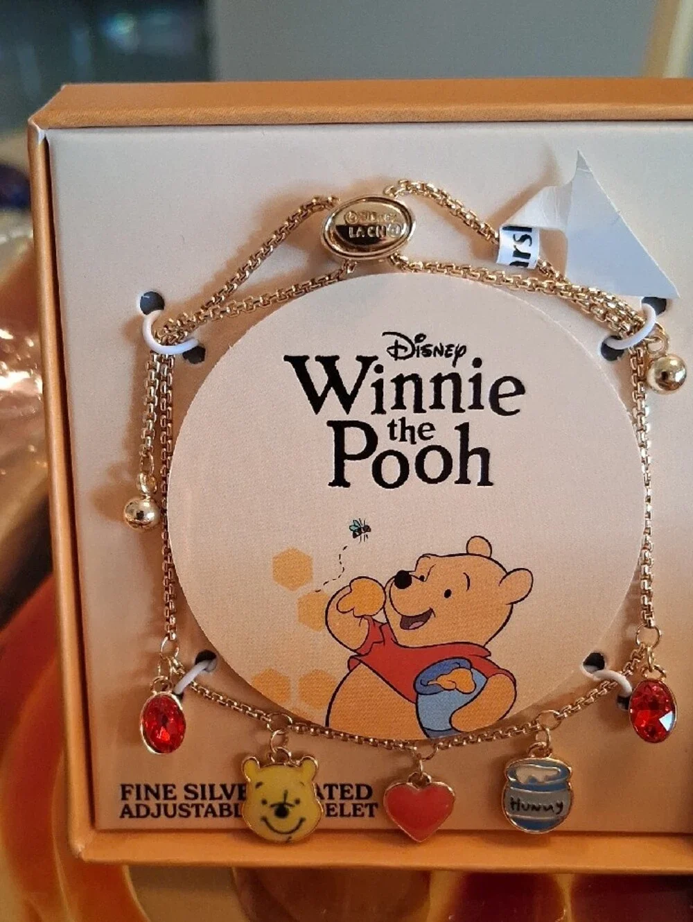 Disney Winnie the Pooh Gold Charm Bracelet W/ Red & Blue Accents.NWT. Super Cute